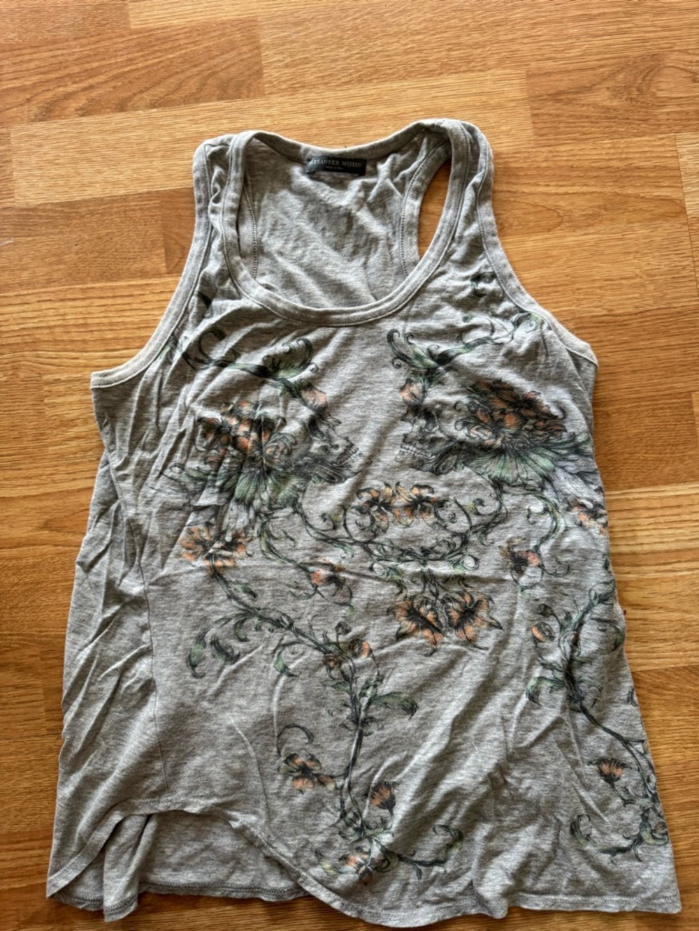 McQ by Alexander McQueen Gray Floral Skull Racer Tank with Green and Peach